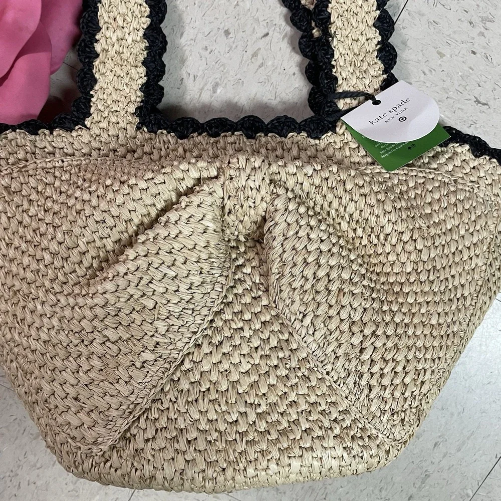 KATE SPADE x TARGET Raffia Bow Tote‎ Bag Woven Natural Black Boho Romantic Vacay